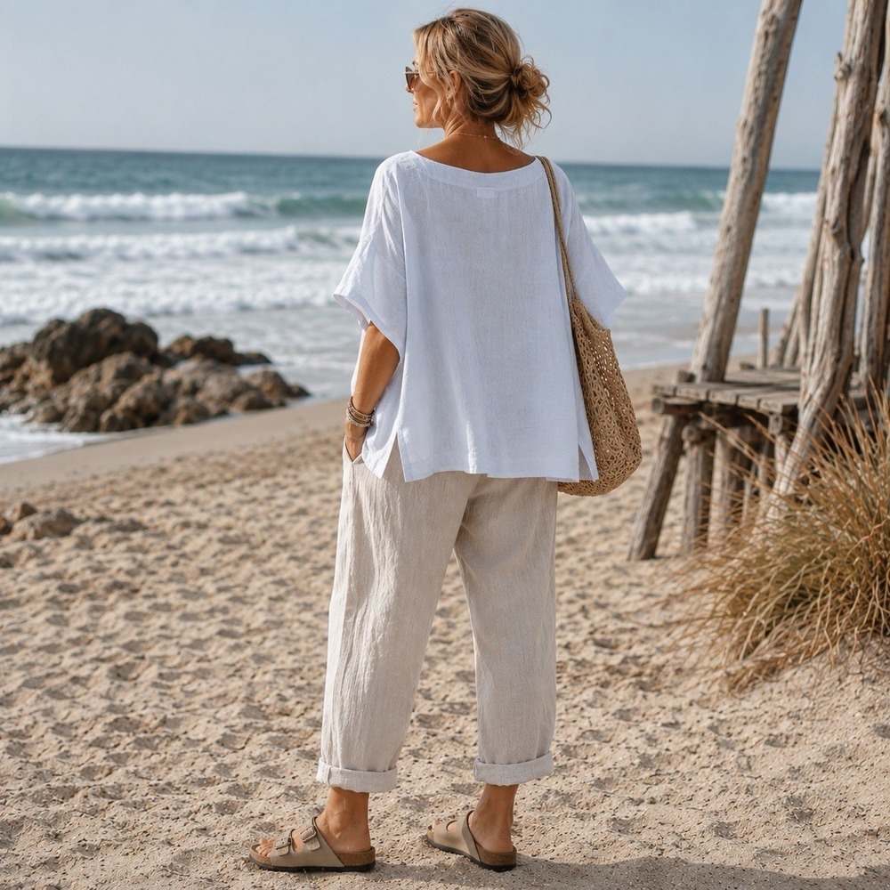 J Jill Purejill Light Blue Linen Top Womens 2X Pullover 3/4 Sleeve Laganlook - Picture 2 of 7